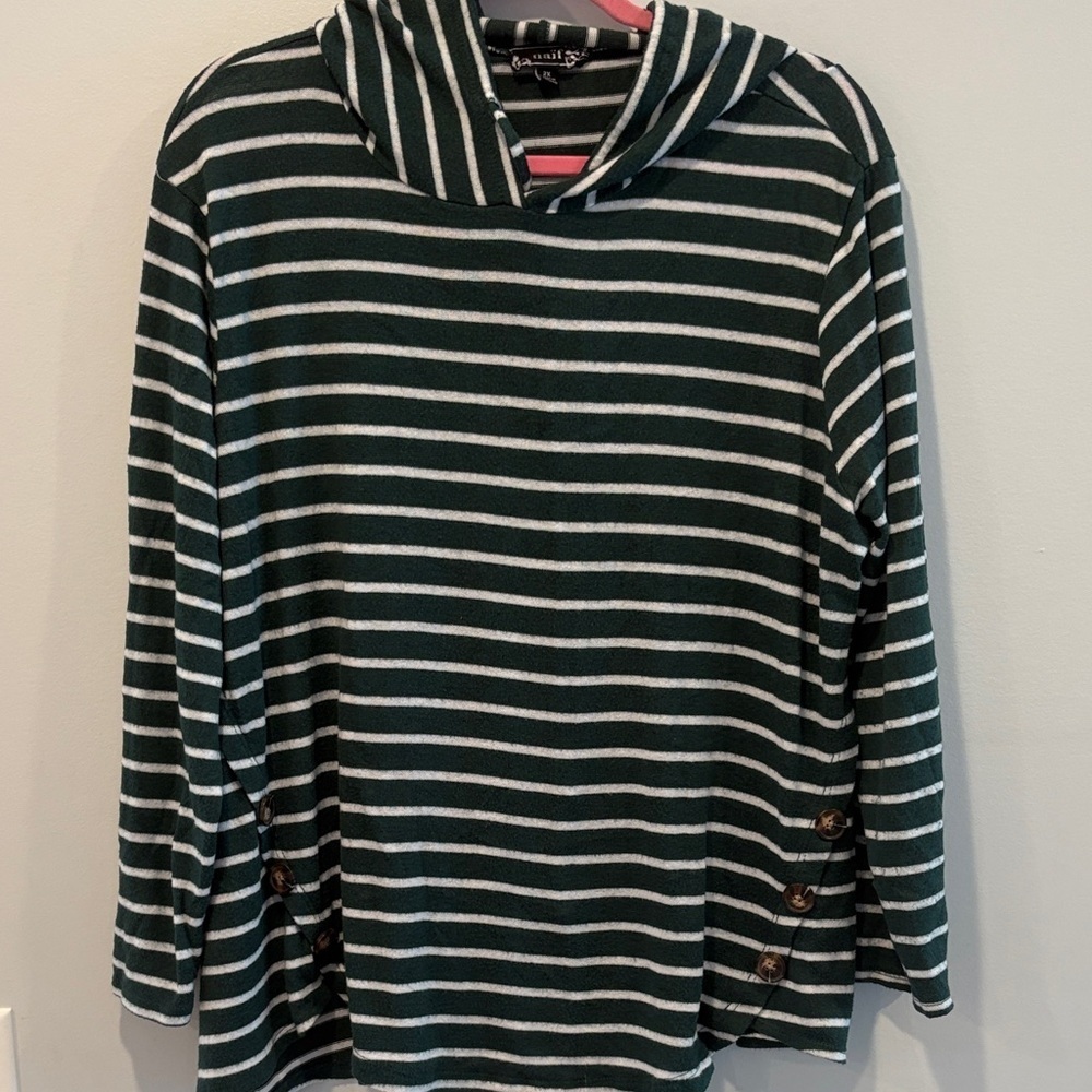 NAIF Green and White Striped Cowl Neck Sweater